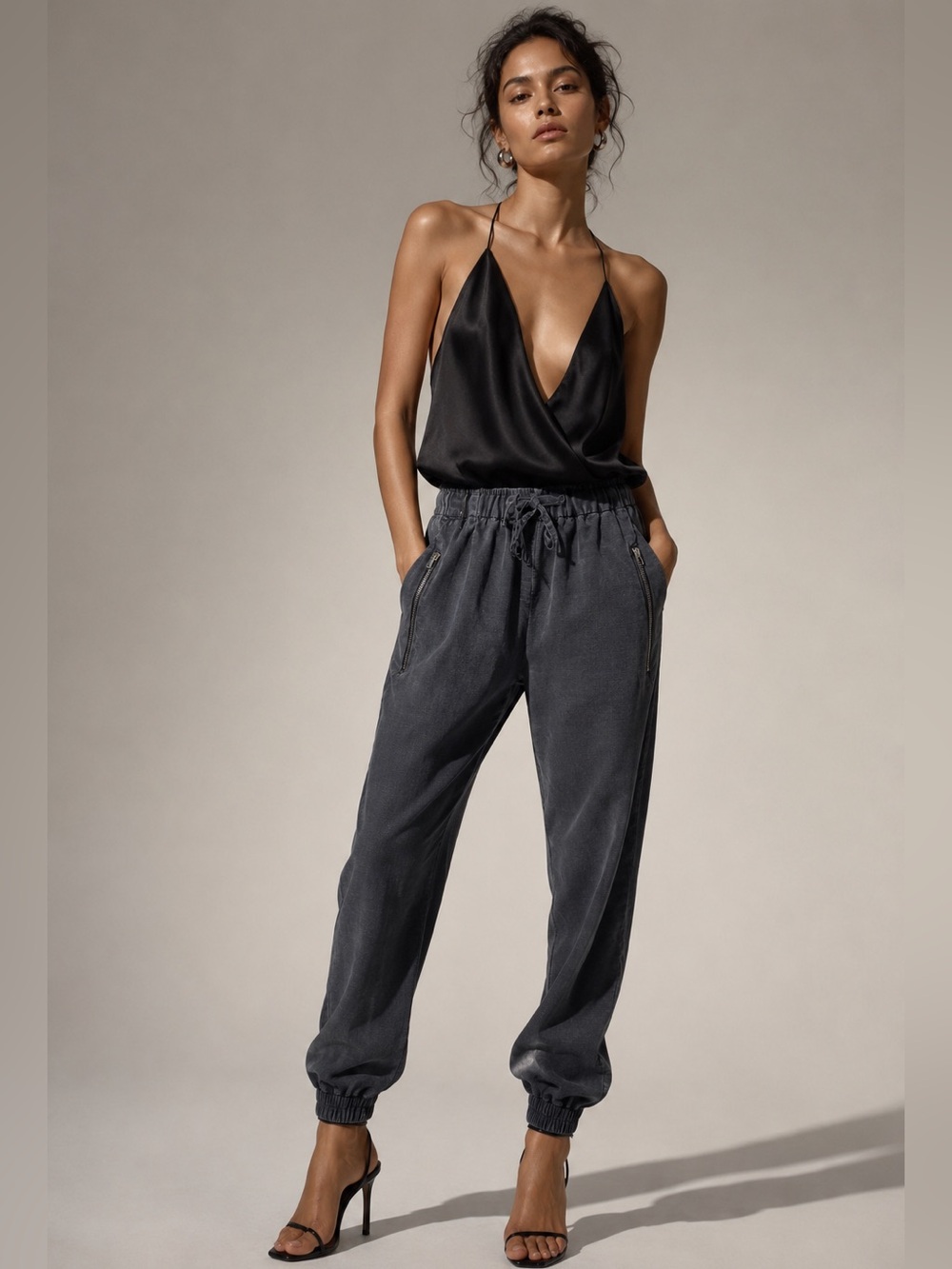 Zara Black Satin Cami with Charcoal Jogger Pants